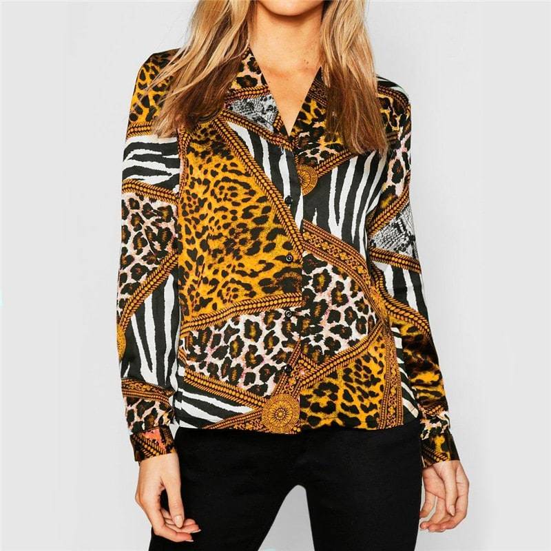 Chemisier Femme Juste D’Orange – Taille M – Imprimé Léopard – Noir, Beige, Gris – Occasion