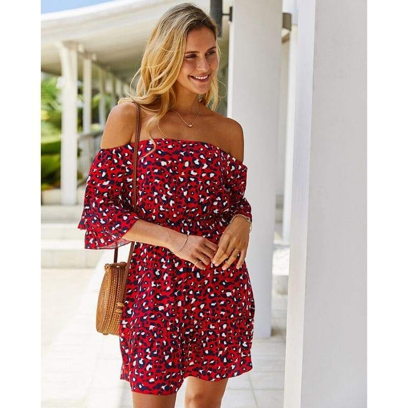 Robe Léopard Rouge Épaules Dénudées Miss Léopard